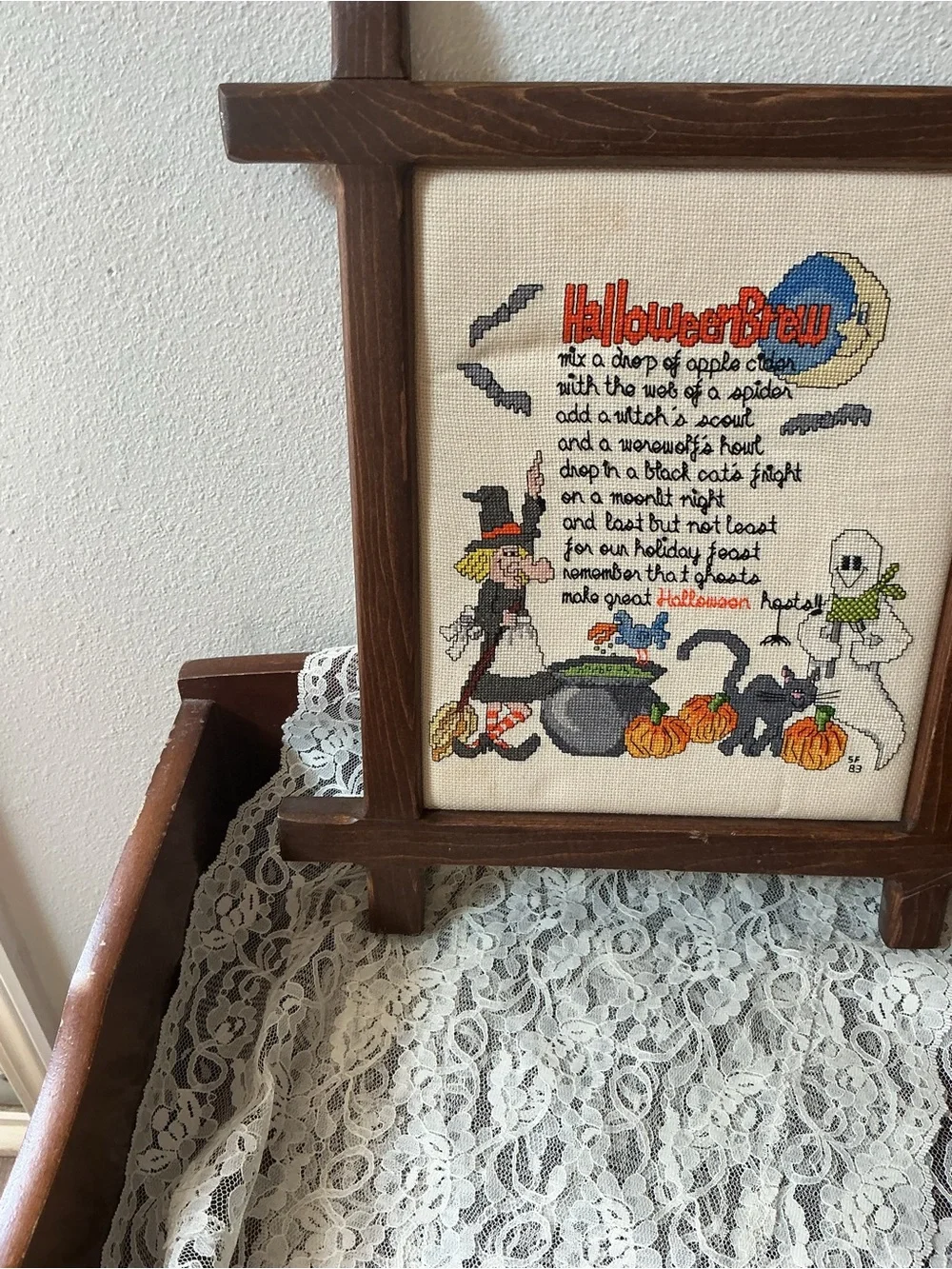 Vintage Completed Halloween Brew Cross Stitch Framed Wood Ox-Bow 1983 Whimsical